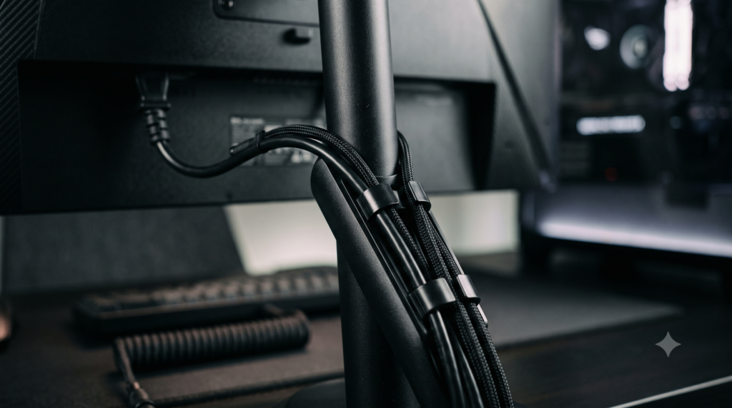 Clean cable management routing clips behind a monitor arm pole