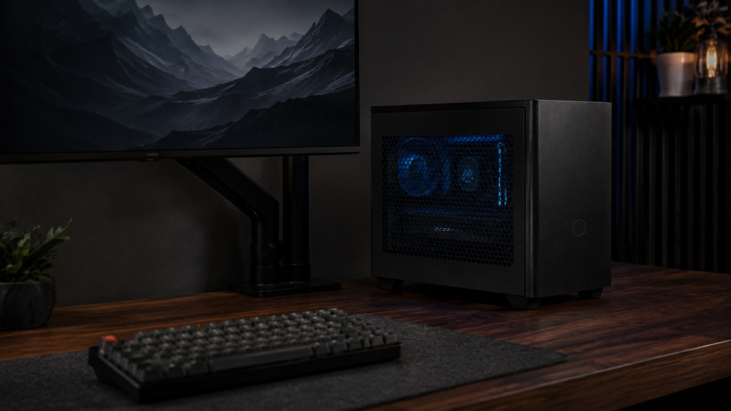 A side view of a small dark-wood desk setup with the mini-ITX case sitting next to a monitor arm, showing its size compared to the desk depth.