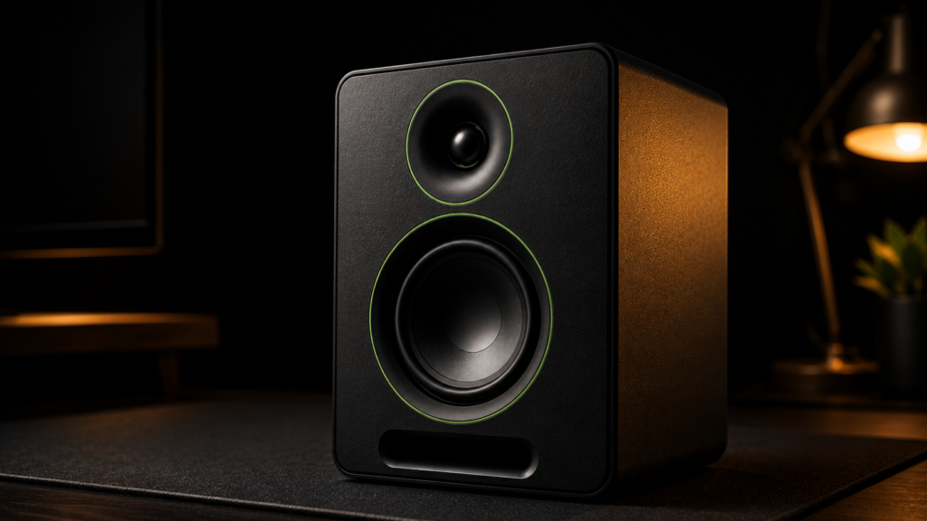 Close-up view of a compact desktop speaker with front bass port and driver details on a dark desk mat.
