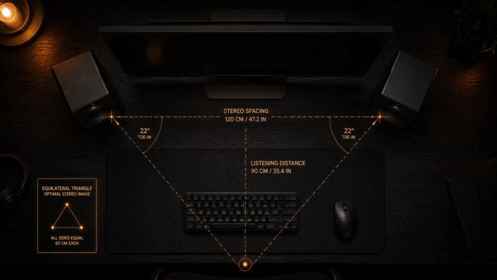 Top-down diagram showing optimal toe-in angle and stereo distance math for compact desktop speakers on a shallow desk.