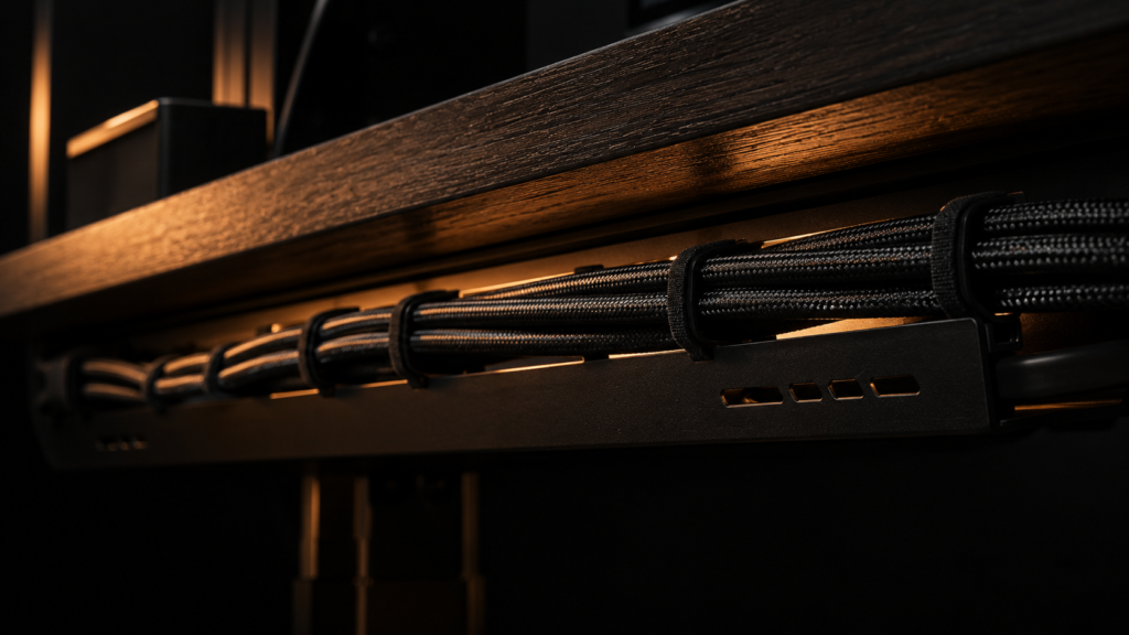 Behind-the-desk cable management routing braided speaker cables cleanly through an under-desk cable tray.