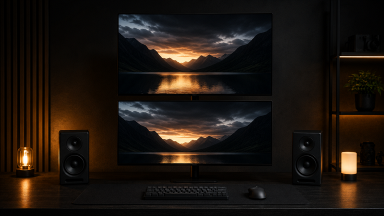 Front-facing view of a vertical monitor arm holding two stacked displays on a dark desk with ambient lighting.
