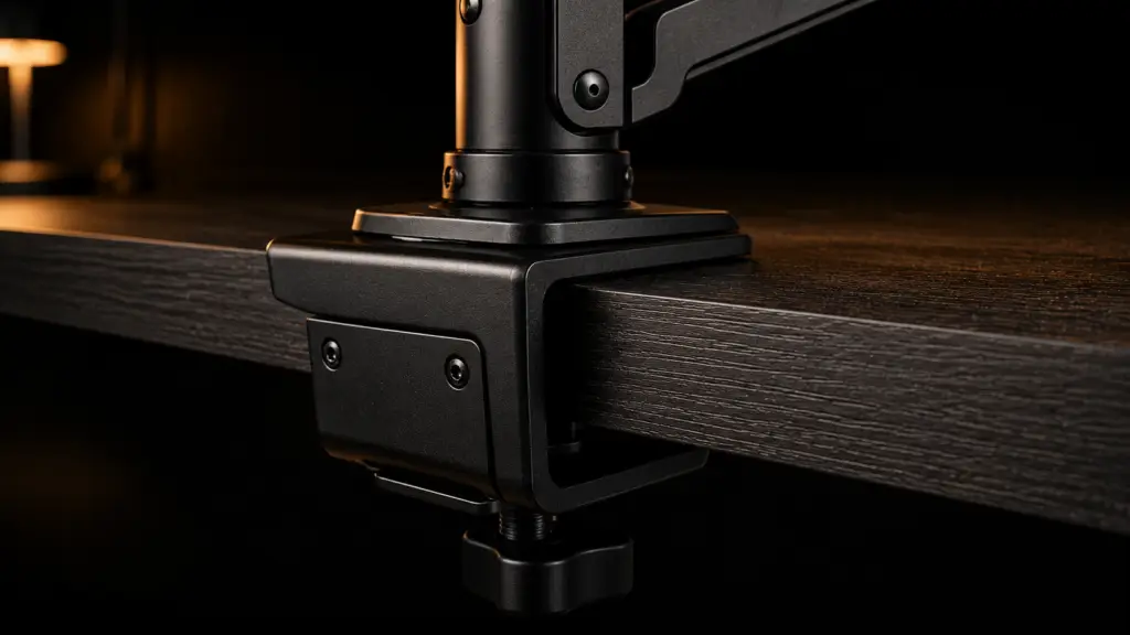 Close-up of a heavy-duty vertical monitor arm clamp attached to a dark wood desk showing the clamp depth and pole joint.