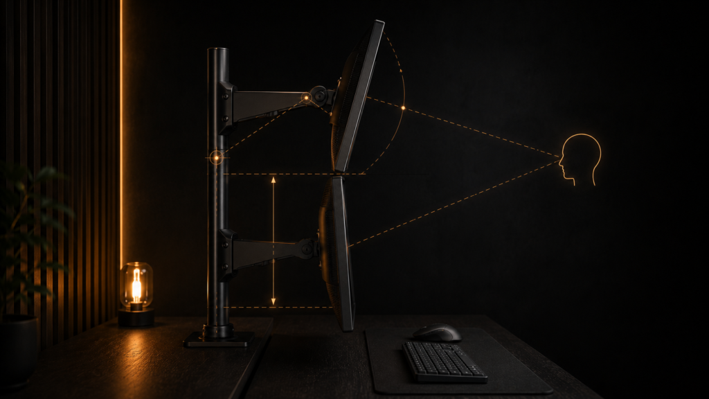 Diagram showing stack clearance math, gap distance, and tilt angles for a dual vertical monitor arm setup.