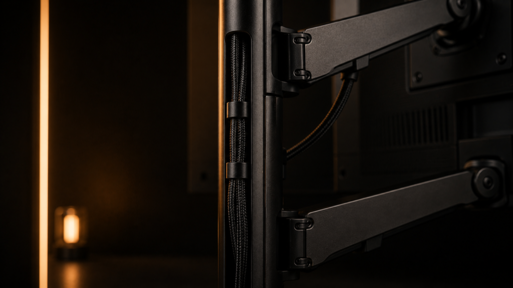 Alt Text: Behind the desk view of thick cables routed cleanly up the pole channel of a vertical monitor arm.