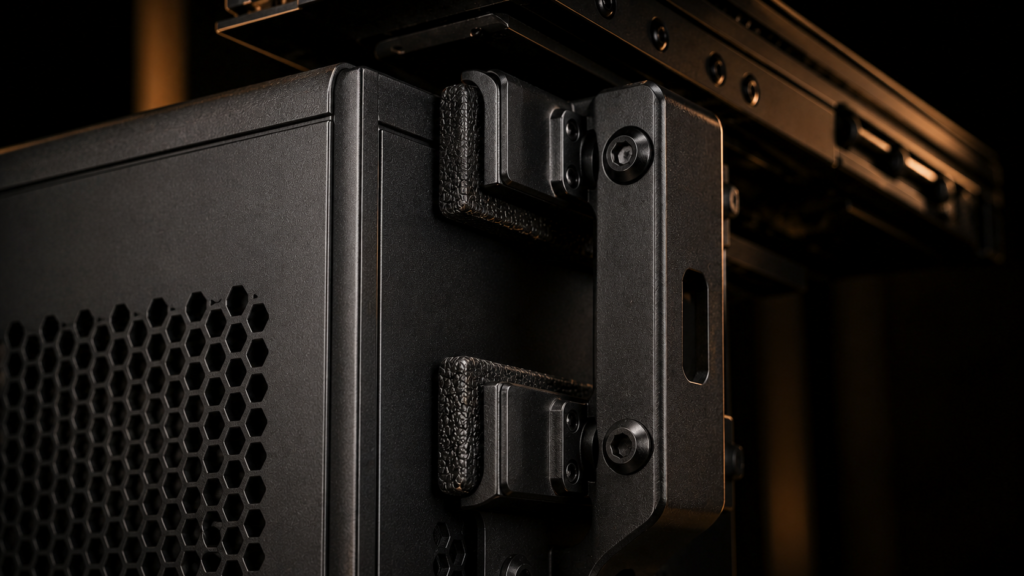 Close-up of rubber isolation pads and bracket on an under desk PC mount to prevent vibration transfer.