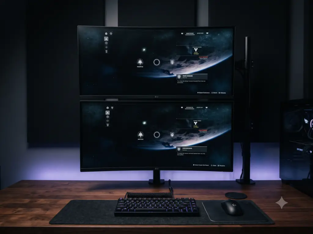 Dual monitors stacked vertically on a premium dark tech desk setup