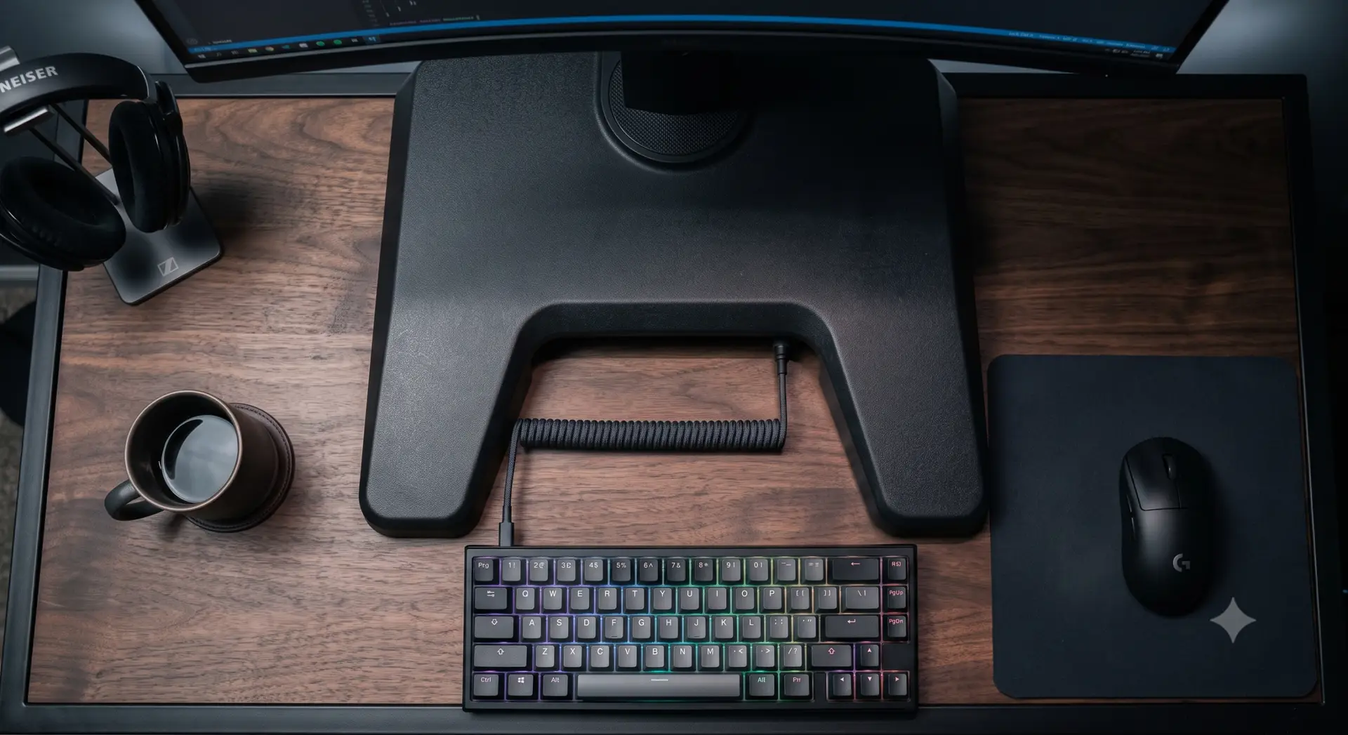 Bulky stock monitor stand consuming depth on a shallow dark wood gaming desk