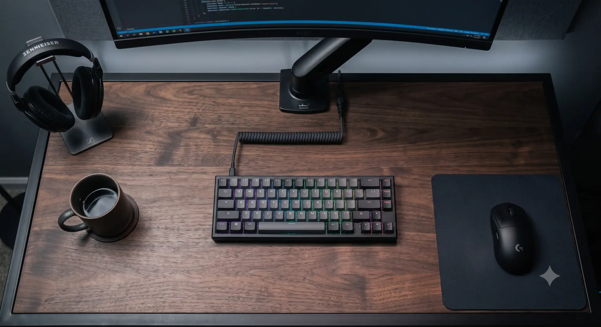 Clamp-style monitor arm reclaiming space on a shallow dark wood gaming desk