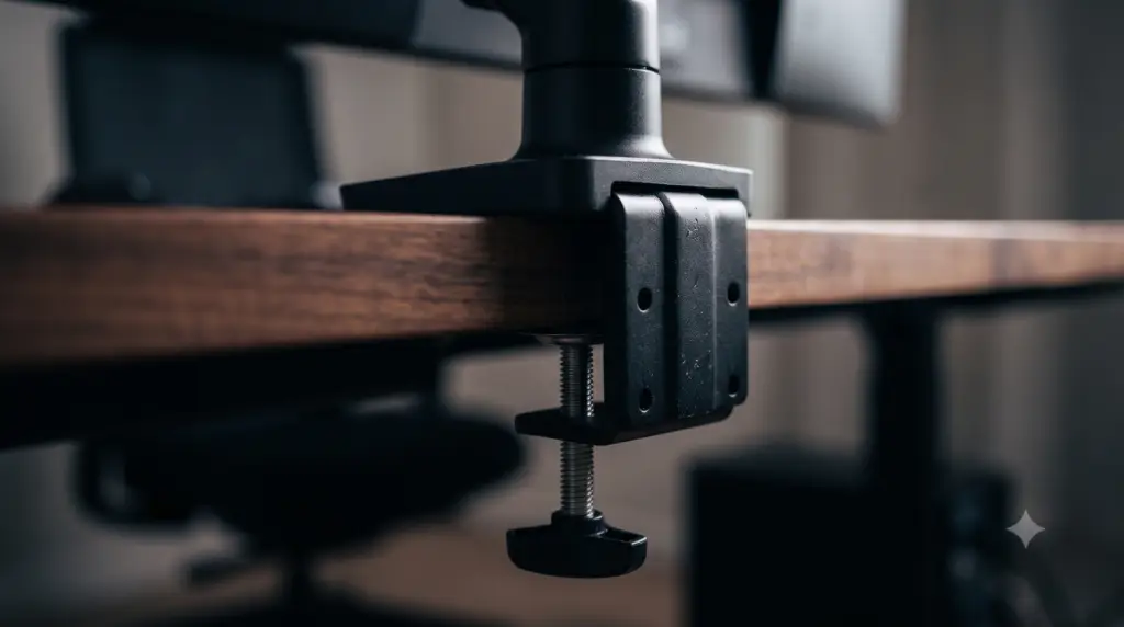 Heavy duty steel C clamp mechanism of a monitor mount attached to a desk edge