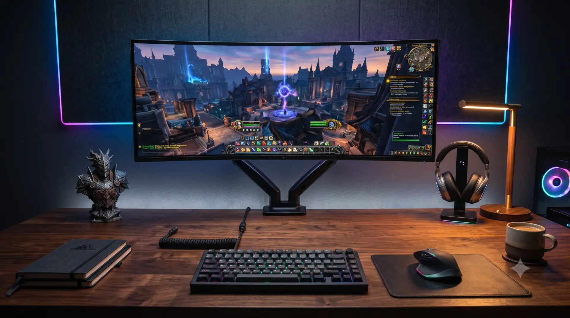 Minimalist dark wood gaming desk setup featuring an ultrawide monitor floating on a desk clamp monitor arm