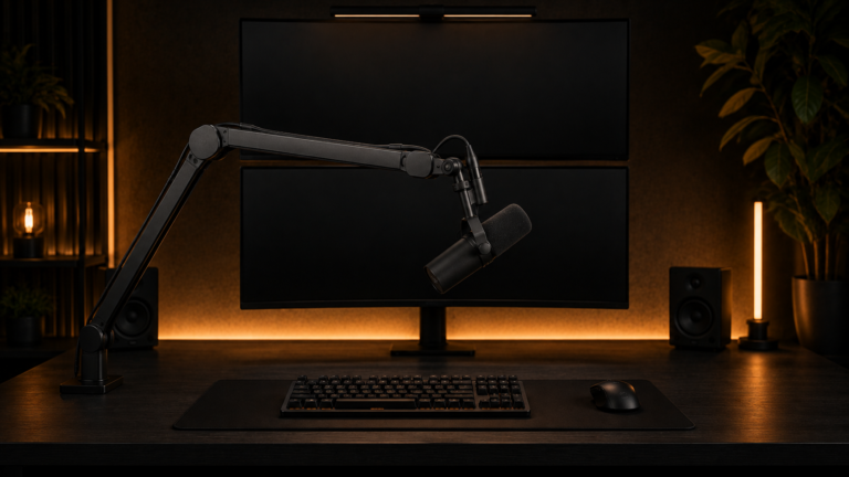 Low profile compact mic arm extended over a keyboard on a dark wood streaming desk.