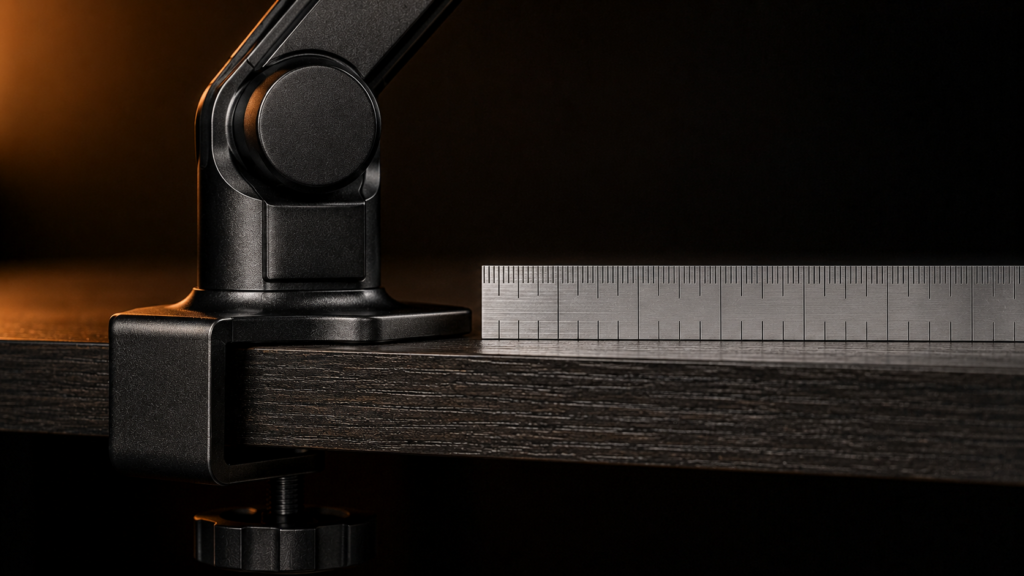 Macro shot of a compact mic arm clamp depth measured against a metal ruler on a desk edge.