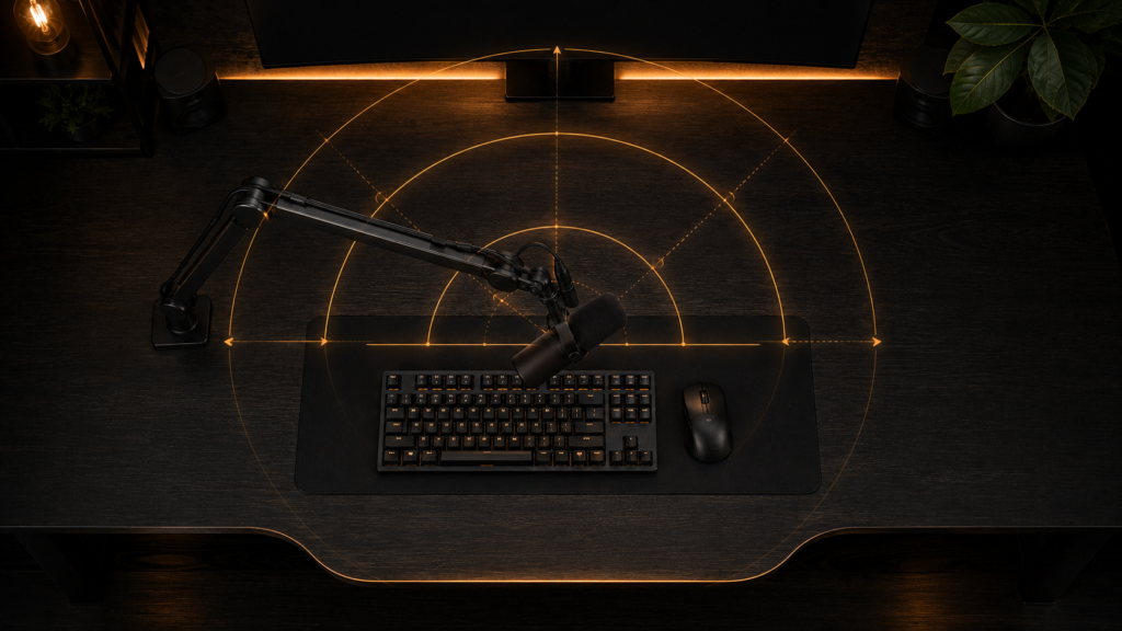 Top-down diagram showing the swing radius and desk clearance of a compact mic arm.