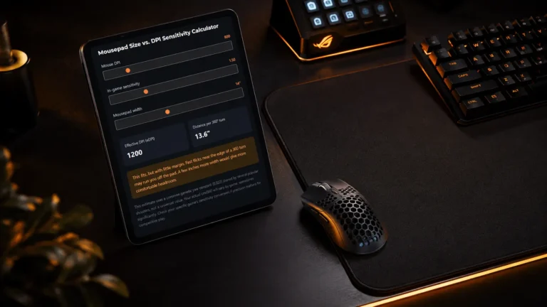 A cinematic view of a gaming mouse resting near the edge of a mousepad on a dark desk, featuring a digital tablet displaying an eDPI calculator with an amber warning badge.