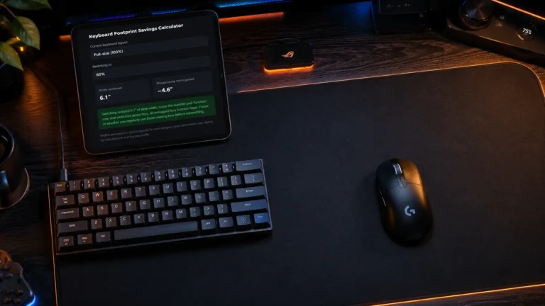 A cinematic top-down view of a compact 60% mechanical keyboard on a gaming desk highlighting extra mouse space, featuring a digital tablet displaying a keyboard footprint savings calculator.