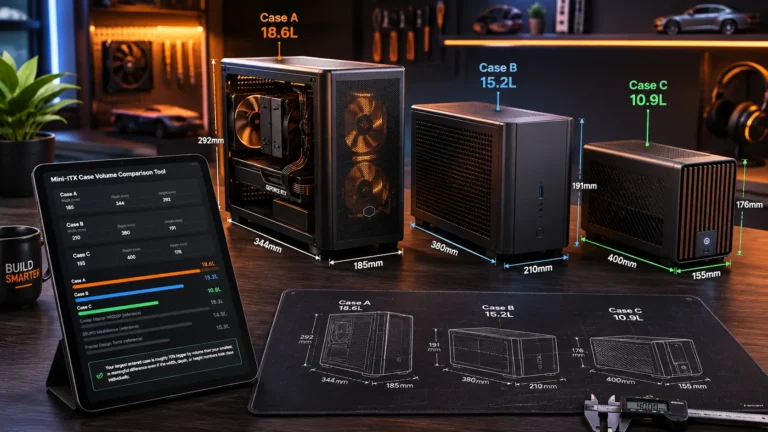 A cinematic lineup of three different sized mini-ITX PC cases on a desk, with a digital tablet in the foreground displaying a colorful case volume comparison chart in liters.