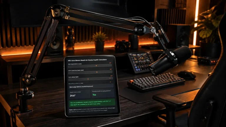A cinematic view of a premium microphone boom arm clamped to a desk in a dark studio setup, featuring a digital tablet displaying a mic arm reach calculator with a green success badge.
