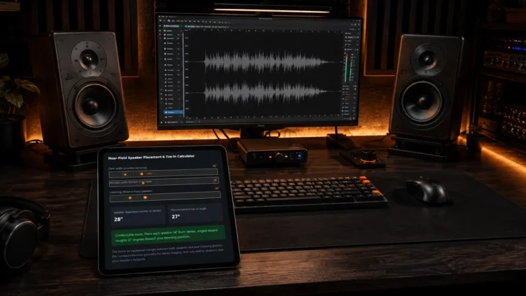 A cinematic view of high-end studio monitor speakers properly toed-in on a dark desk, featuring a digital tablet displaying a speaker placement calculator.
