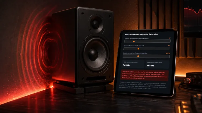 A cinematic view of a studio monitor speaker sitting too close to a wall with visual acoustic reflections, featuring a digital tablet displaying a bass gain calculator with a red warning badge.
