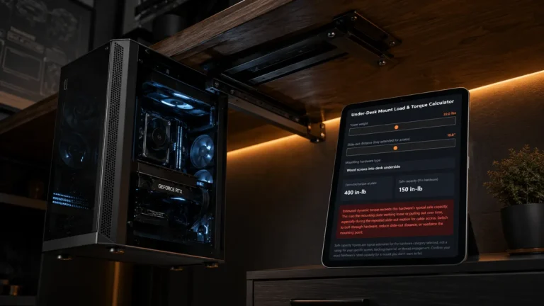 A cinematic low-angle view of a heavy gaming PC suspended by an under-desk mount, featuring a digital tablet displaying a torque calculator with a red warning badge.