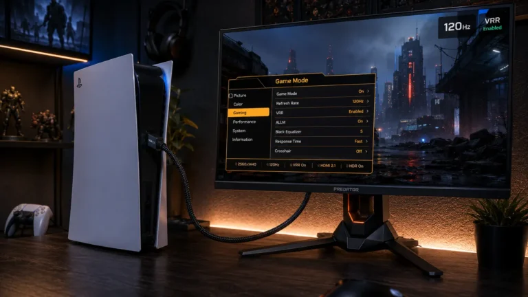 A PlayStation 5 console connected to a 1440p gaming monitor on a dark desk, displaying a 120Hz VRR game mode menu overlay.