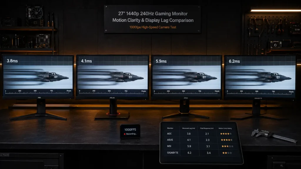 Side-by-side high-speed camera comparison of four 1440p gaming monitors showing measured input lag and millisecond timestamps.