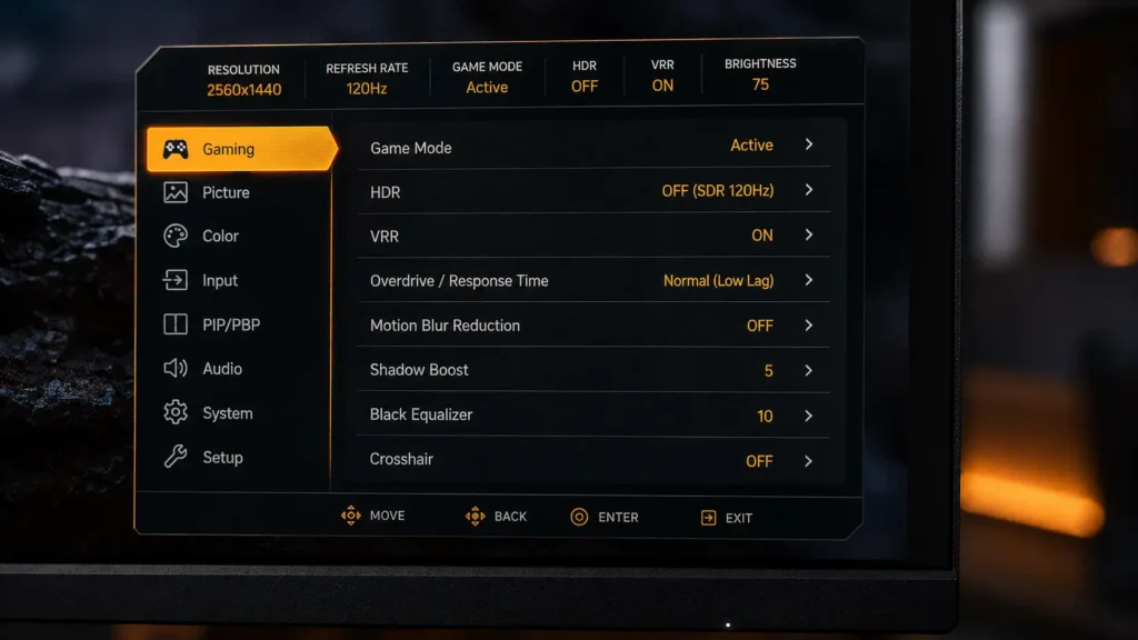 Close-up view of a gaming monitor on-screen display menu showing Game Mode and HDR low-latency settings.