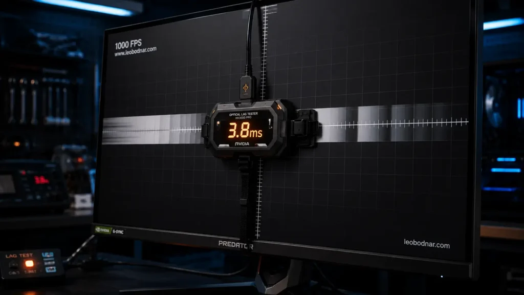 Close-up of an optical hardware lag testing sensor attached to a 1440p gaming monitor measuring PS5 display processing latency.