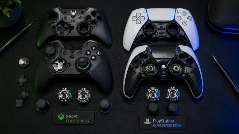 Overhead flat-lay comparison of disassembled Xbox Elite Series 2 and PS5 DualSense Edge controllers showing removed analog stick modules on a dark desk mat.