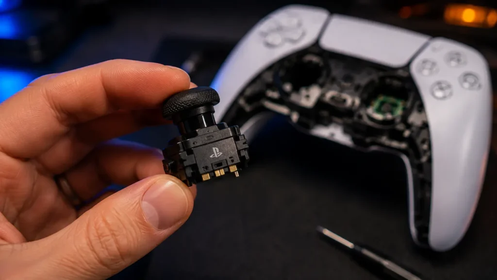 Macro close-up of a removed DualSense Edge stick module showing the connector pins, with the open controller body blurred in the background.