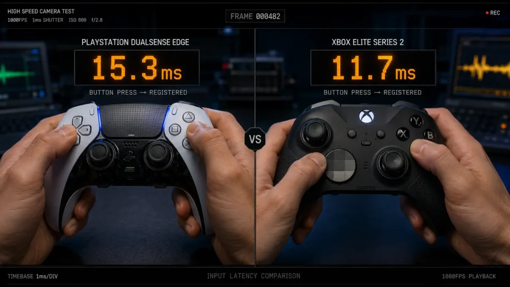 High-speed camera latency test comparison between the Xbox Elite Series 2 and DualSense Edge controllers showing millisecond timing.
