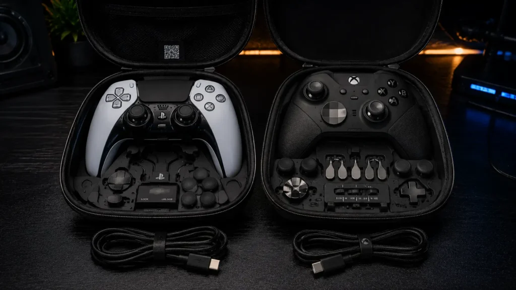 Side-by-side view of the open carrying cases and swappable modular accessories for the Xbox Elite Series 2 and PS5 DualSense Edge controllers.