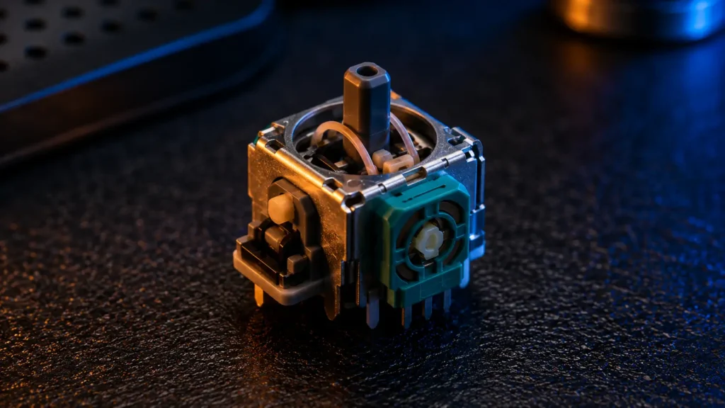 Macro close-up of a bare controller analog stick potentiometer mechanism showing the internal metal housing and sensors.