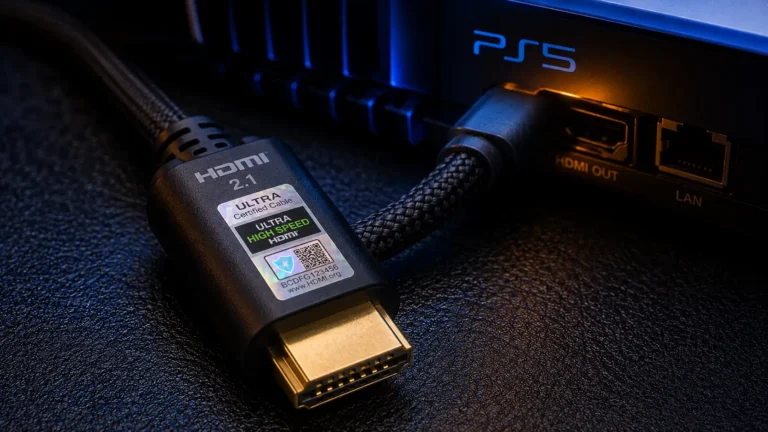 Close-up of a certified Ultra High Speed HDMI 2.1 cable connector with the official certification badge running to a PS5 console.