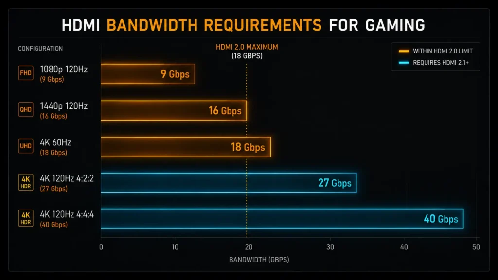 Data visualization bar chart showing HDMI bandwidth requirements for 1080p, 1440p, and 4K 120Hz gaming configurations.