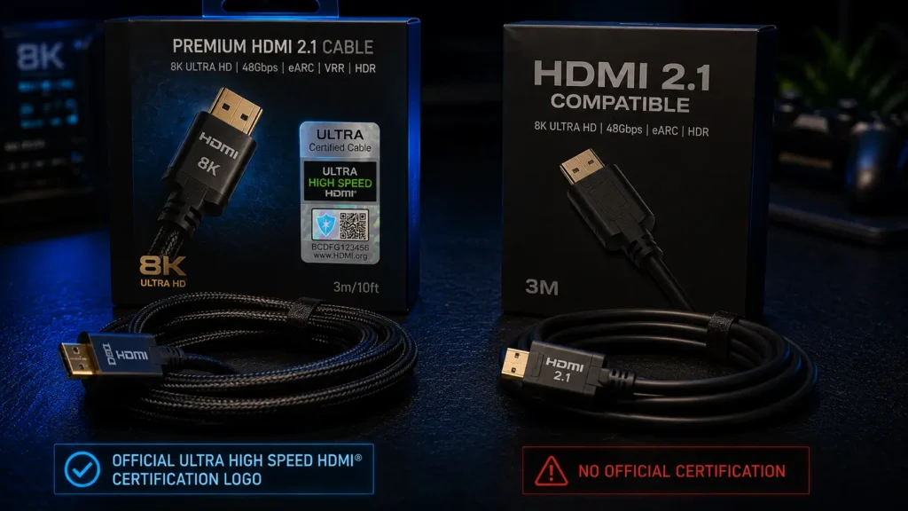 Side-by-side comparison of certified Ultra High Speed HDMI cable packaging next to an uncertified generic HDMI 2.1 box.