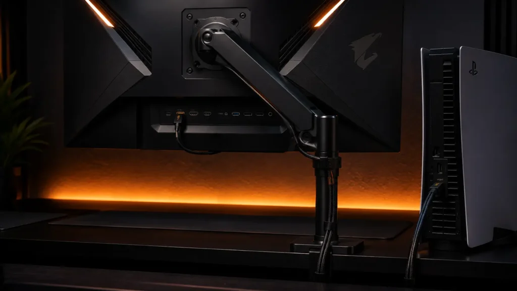 Behind the desk view of a cleanly routed HDMI cable running from a gaming console to a monitor using a cable management channel with amber accent lighting.