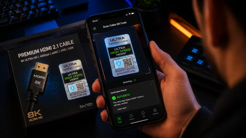A smartphone scanning the official QR code on an Ultra High Speed HDMI cable box using the certification authentication app.