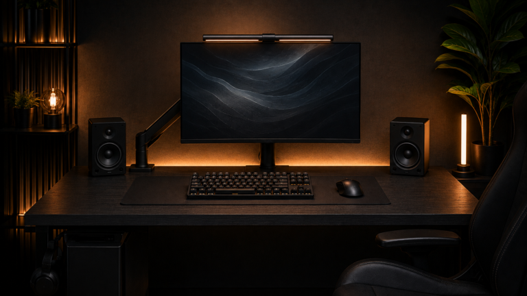 Front view of a complete 24-inch deep gaming desk setup with a monitor arm and mechanical keyboard.