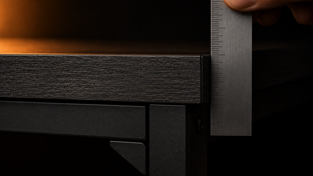 Macro shot measuring the 1-inch desktop thickness of a 24-inch deep gaming desk with a metal ruler.