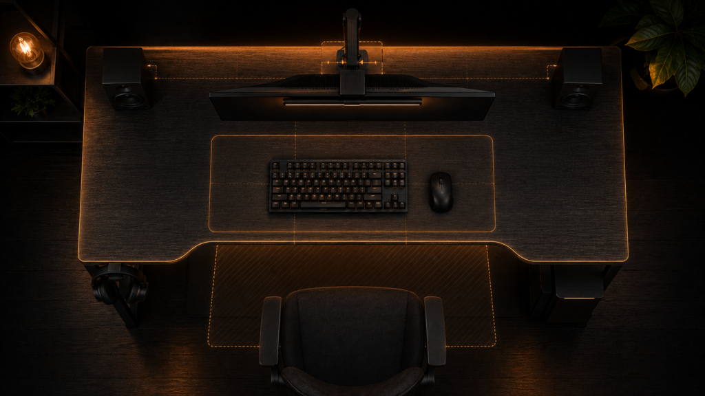 Top-down diagram showing the monitor clamp, keyboard zone, and knee clearance on a 24-inch deep gaming desk.