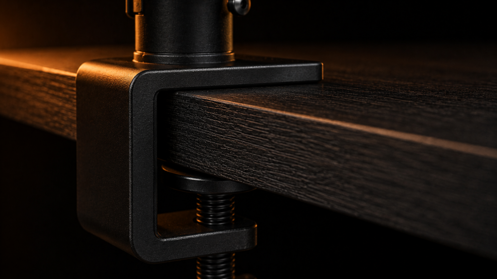 Close up of a heavy-duty monitor arm clamp secured to the edge of a 24-inch deep gaming desk.