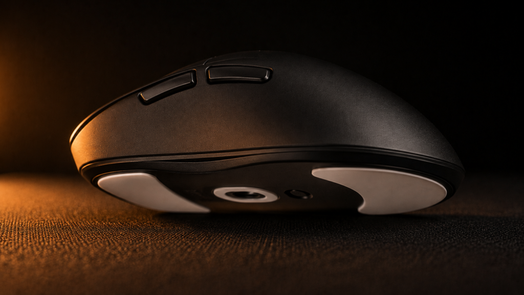 Low angle macro shot showing the solid shell and PTFE glide feet of a lightweight gaming mouse.