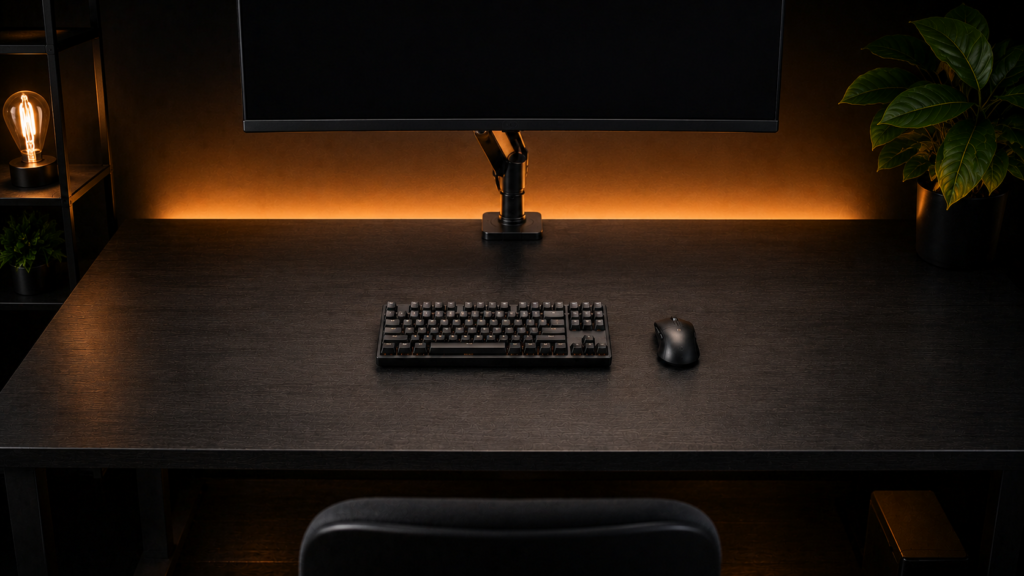 Wide desk setup showing reclaimed mouse swing space around a 60% keyboard and monitor arm base.