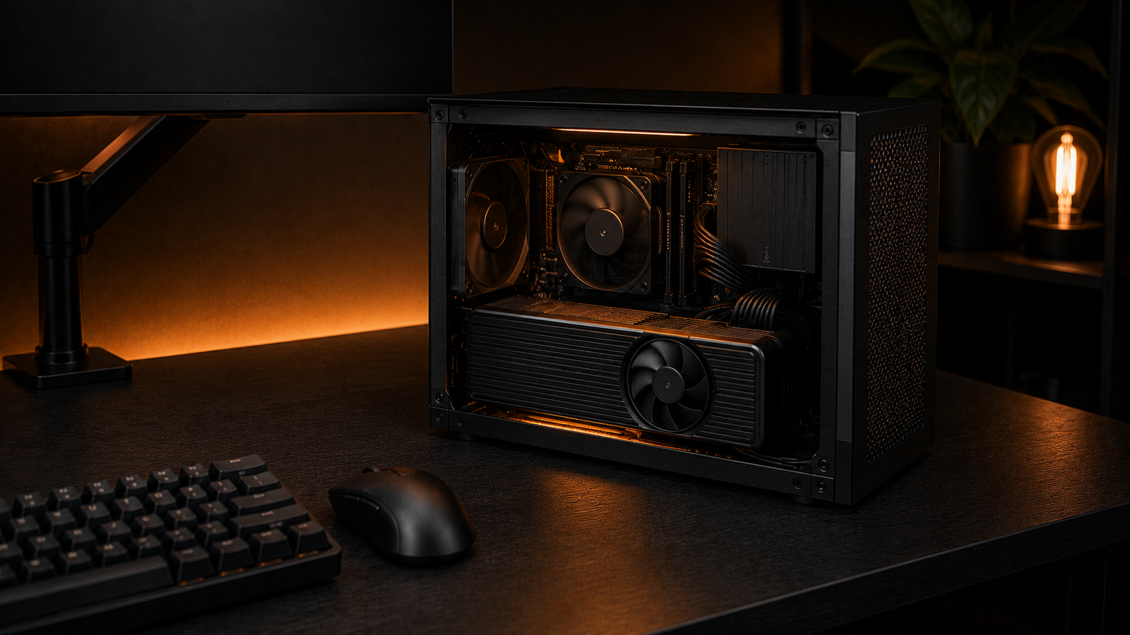 Mini-ITX case with side panel removed showing tight clearance around an SFF graphics card.