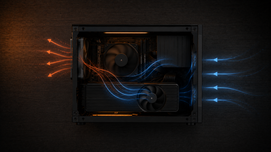 Diagram showing front intake and rear exhaust airflow paths for a GPU in a mini-ITX case.