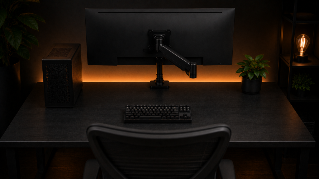 Wide shot showing the compact desk footprint of a mini-ITX tower next to a monitor arm and keyboard.