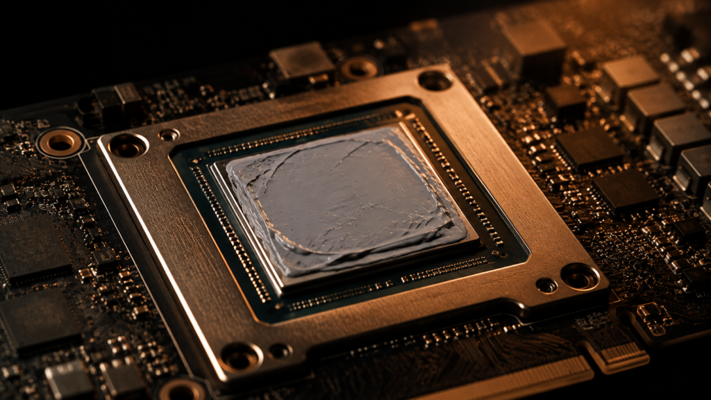 Macro shot of a bare GPU die and thermal paste application on a graphics card PCB.