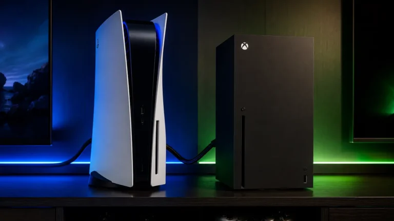 Split-screen comparison shot of a PlayStation 5 and Xbox Series X console side by side showing HDMI 2.1 cable routing.